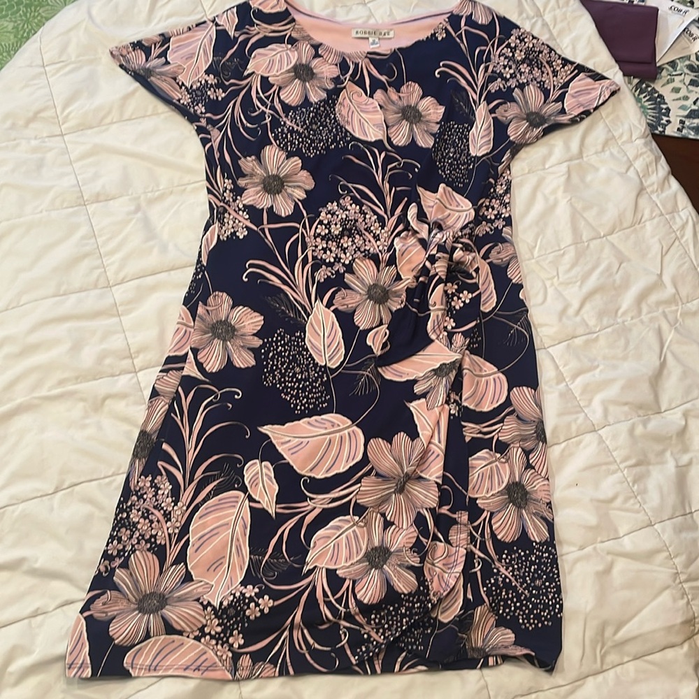 Robbie Bee Womens Size‎ M Faux Wrap Dress Navy Pink Floral Stretch Casual NWT